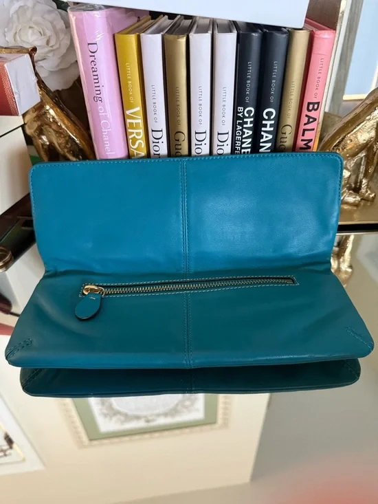 Coach Madeline leather fold over turn lock teal blue clutch - Picture 8 of 14